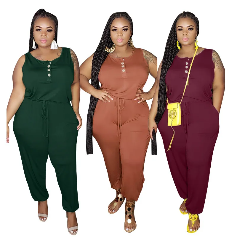 

Plus Size Jumpsuit Women Summer Clothing Wholesale Bodysuit Solid Color Elastic Waist One Piece Outfit Wholesale Dropshipping