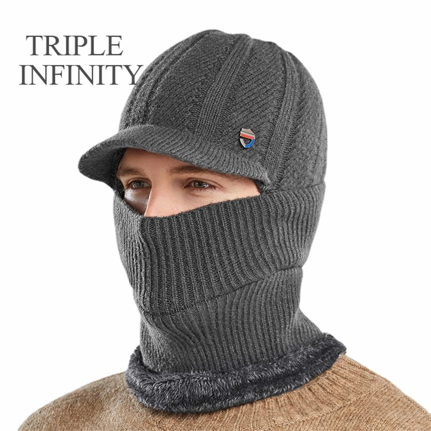 Новая зимняя мужская шапка TRIPLE INFINITY, теплая ветрозащитная мужская шапка с защитой ушей, маска для лица, интегрированная вязаная шапка от солнца - изображение