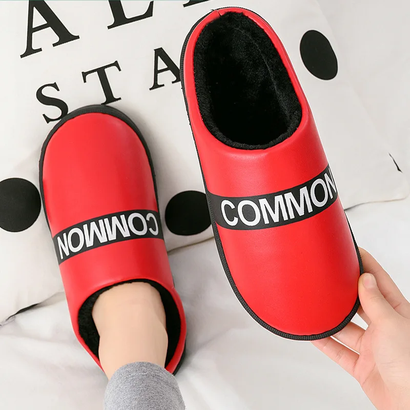 

Fashion PU Winter Women Faux Fur Home Cute Flat Slippers Warm Plus Size Female Comfort Ladies Bedroom Shoes