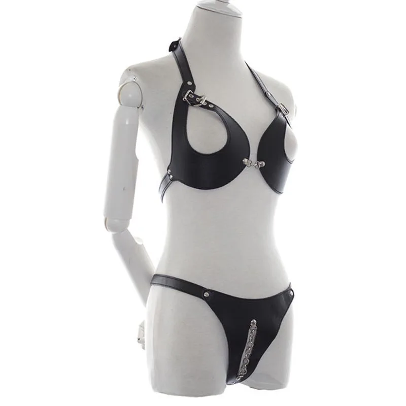 

Женские туфли из искусственной кожи стринги комплект бикини с лямкой на шее Топ-Бюстгальтер с открытой промежностью цепи краткий тела жгут ...