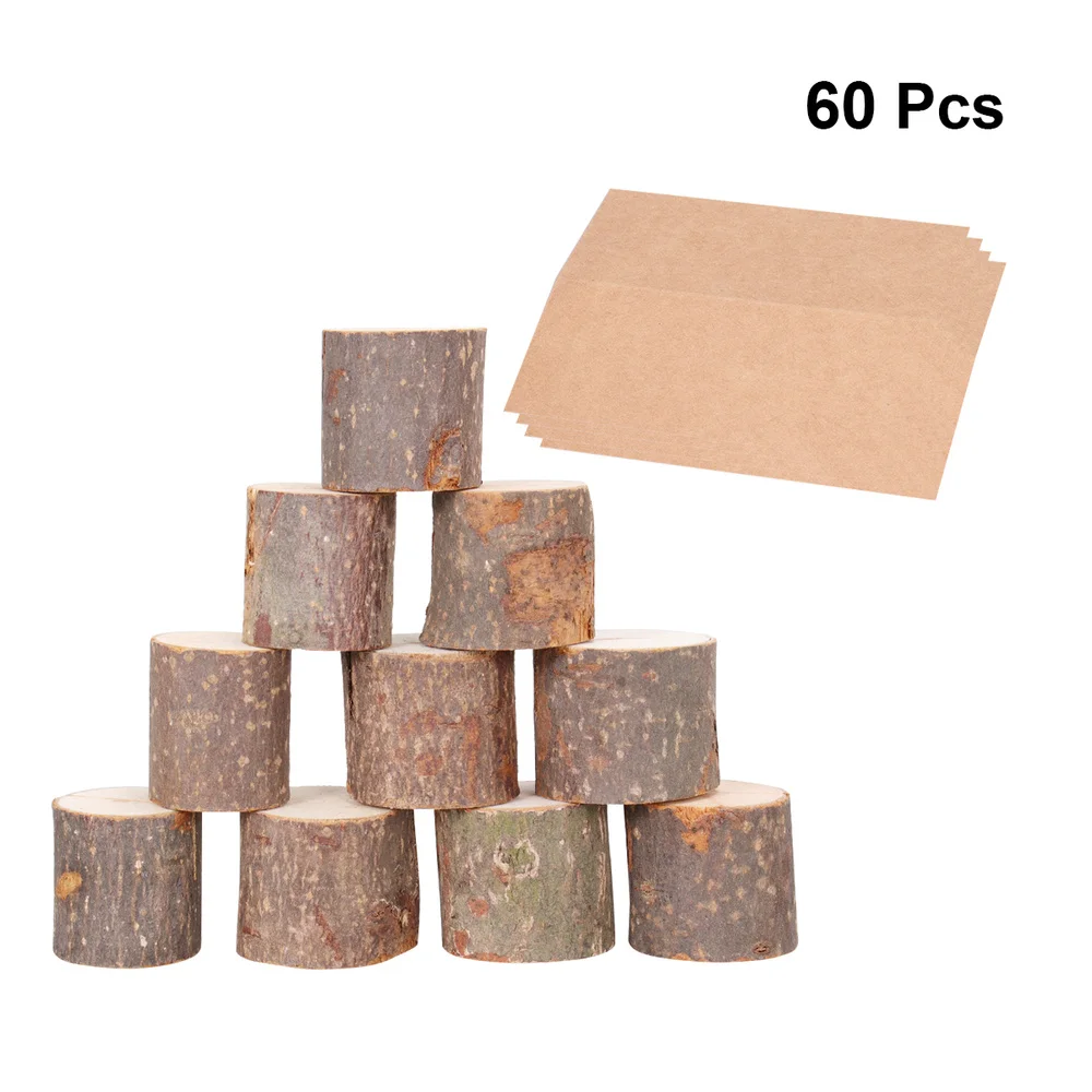 

60pcs Wooden Note Holder Set Stump Memo Organizer Place Holders for Wedding Banquet (30 Stumps and 30 Paper Cards)