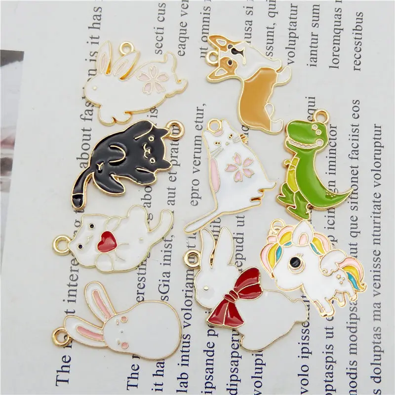 Julie Wang 5/9PCS Enamel Animal Charms Cat Dog Rabbit Dinosaur Alloy Gold Tone Necklace Bracelet Jewelry Making Accessory | Украшения и