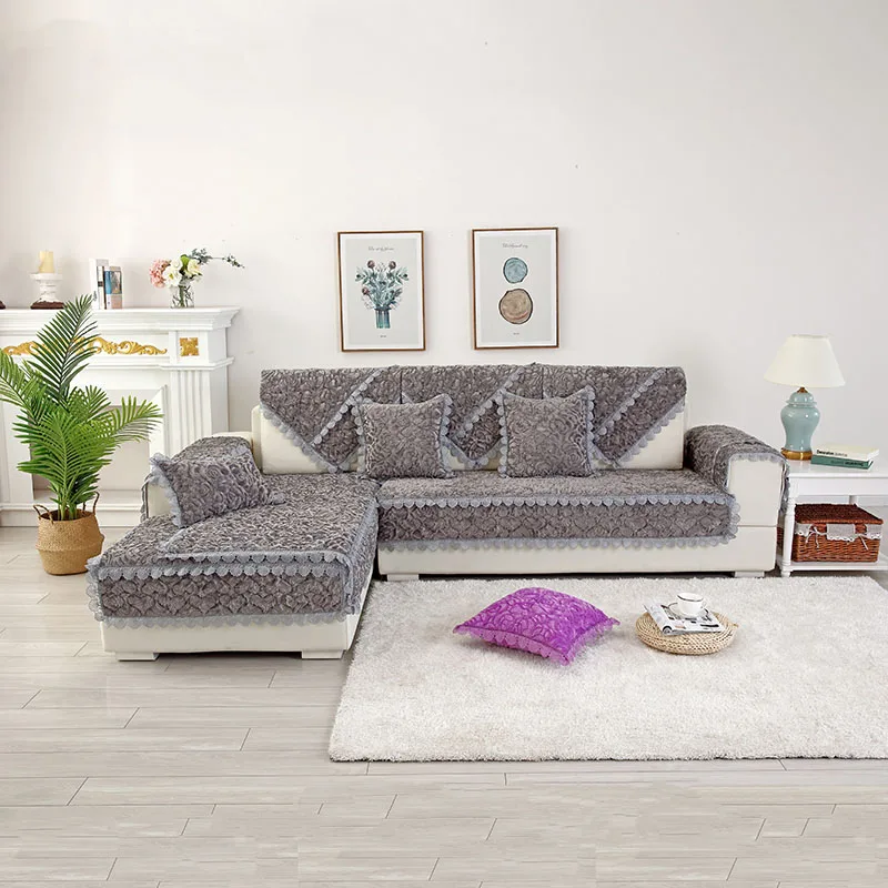 dark gray Толстый фланелевый чехол для дивана Кружевной Край Нескользящая противогрязная Защитная Подушка для домашнего животного собаки зимний чехол для дивана спинка полотенце 1 шт - Цвет: dark gray