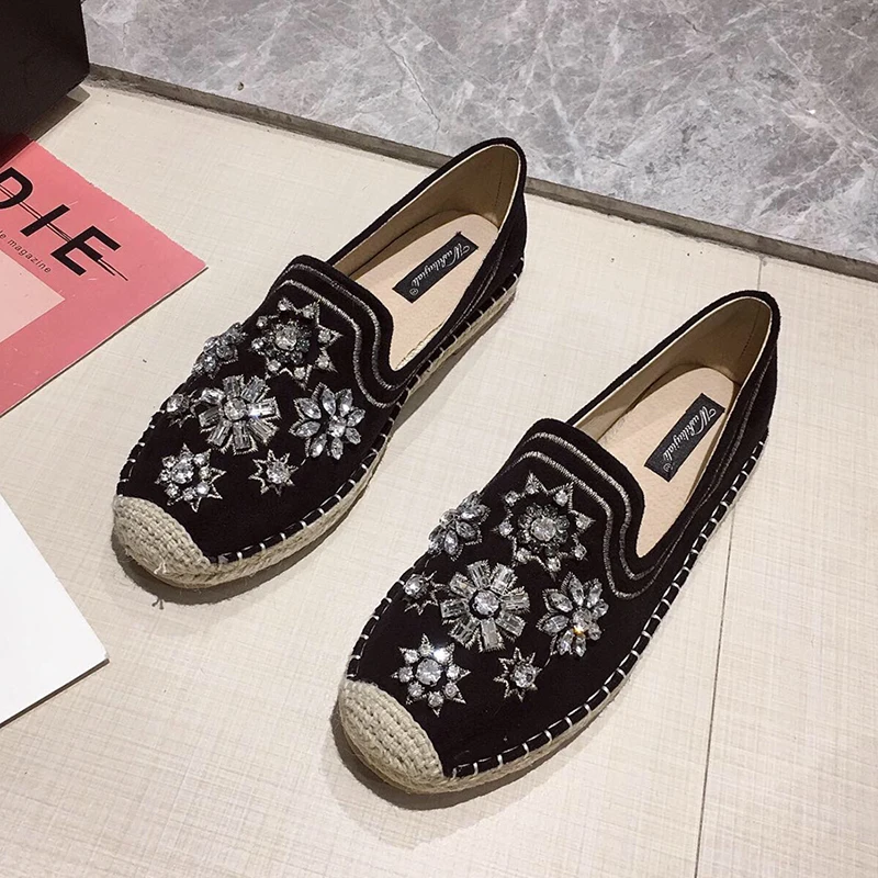 100Black Fashion Hemp Loafers Women Espadrilles Flats Shoes Sewing Rhinestone Round Toe Ladies Casual Moccasins Slip On Brand Style New - Цвет: 100Black