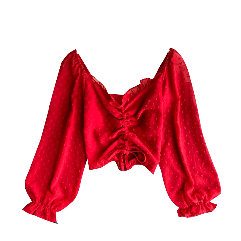 

edge V-neck drawstring pleated slim fit short autumn dress new style foreign style Bubble Sleeve Chiffon women's top