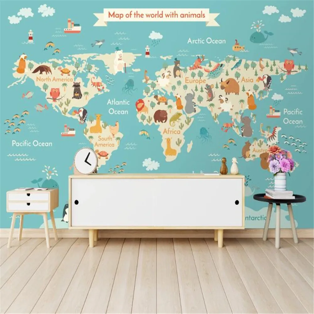 

Milofi Factory custom wallpaper mural 3d modern cartoon animal world map children's room background wall painting