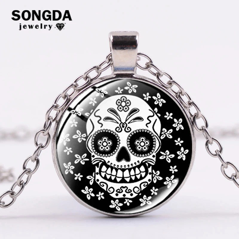 

SONGDA Hot Day of The Dead Sugar Skull Chain Necklace Bohemian Gothic Art Photo Print Glass Dome Pendant Mexican Shantou Jewelry