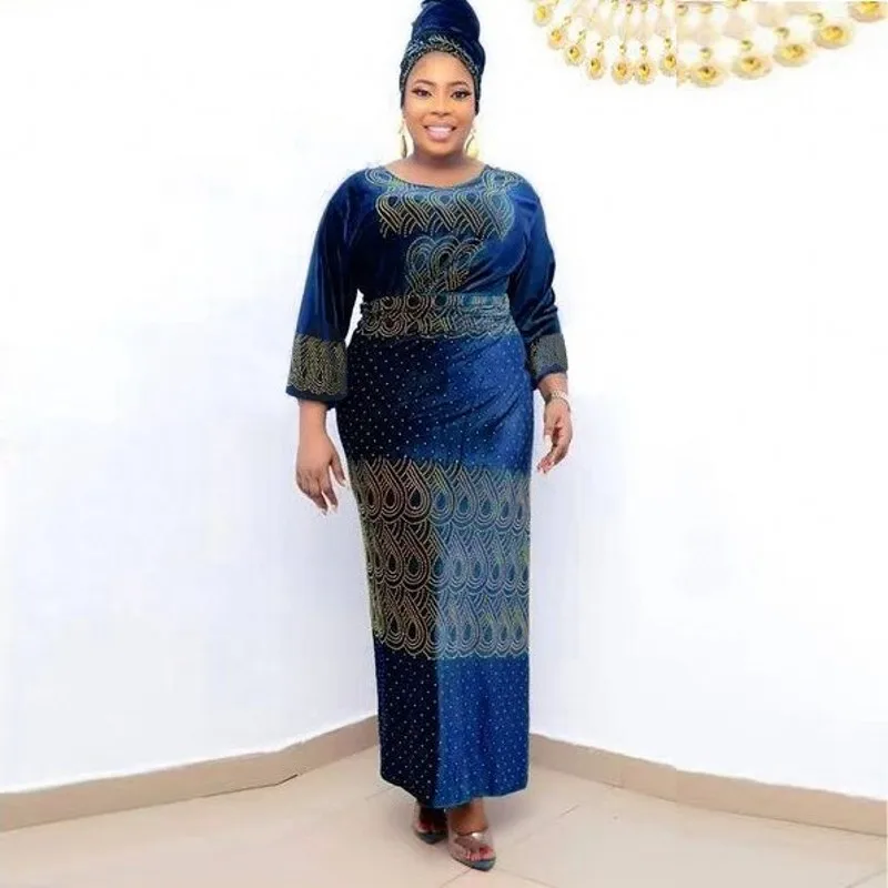 

African Velvet Clothes Women With Turbans Tops And Skirts Suit 2021 Elegant Fashion Stick Diamond African Clothing 2 Piece Sets