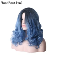 woodfestival synthetic ombre black blue hair wig water wave cosplay wigs for woman rainbow colored female medium