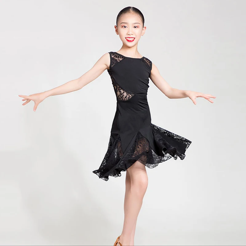Children Latin Dance Dress Girls Sleeveless Black Lace Practice Clothing Latin Competition Performance Dresses For Kids DQL2118