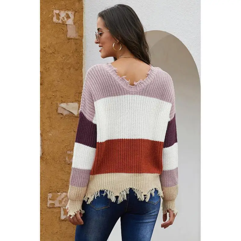 Осень и зима новый свитер женский цветной воротник v-образным вырезом с длинными