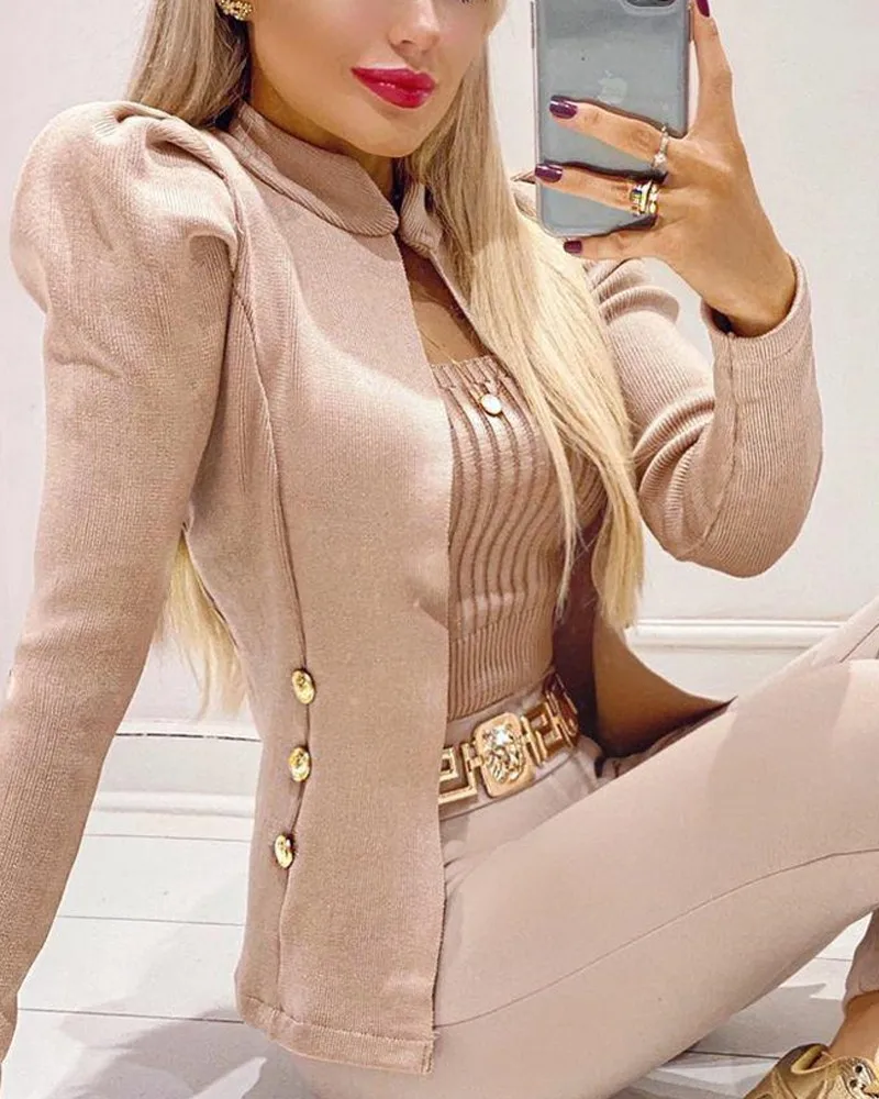 

Skinny Pants Set Women Autumn 2021 New Fashion Double Breasted Puff Sleeve Coat