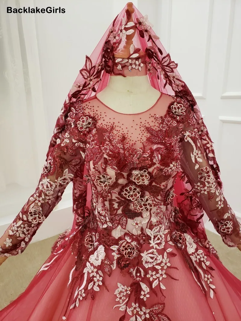 Красные Свадебные платья с вышивкой и аппликацией в виде цветка круглый вырез