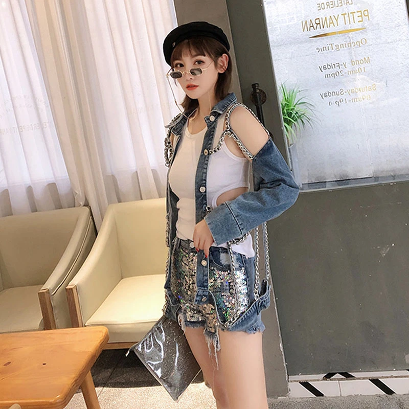 Женская джинсовая куртка с цепочкой весна-лето 2020 рваные джинсовые пальто