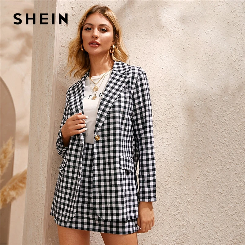 SHEIN черный и белый клетчатый принт на одной пуговице спереди Блейзер и юбка элегантный комплект для женщин осень с длинным рукавом Повседневные наряды