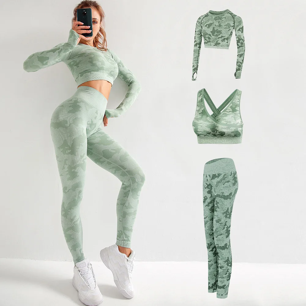 

Seamless Camouflage Women Three-piece Yoga Set Fitness Long Sleeve High Waist Leggings Sports Bra Quick-drying Gym Clothing Suit