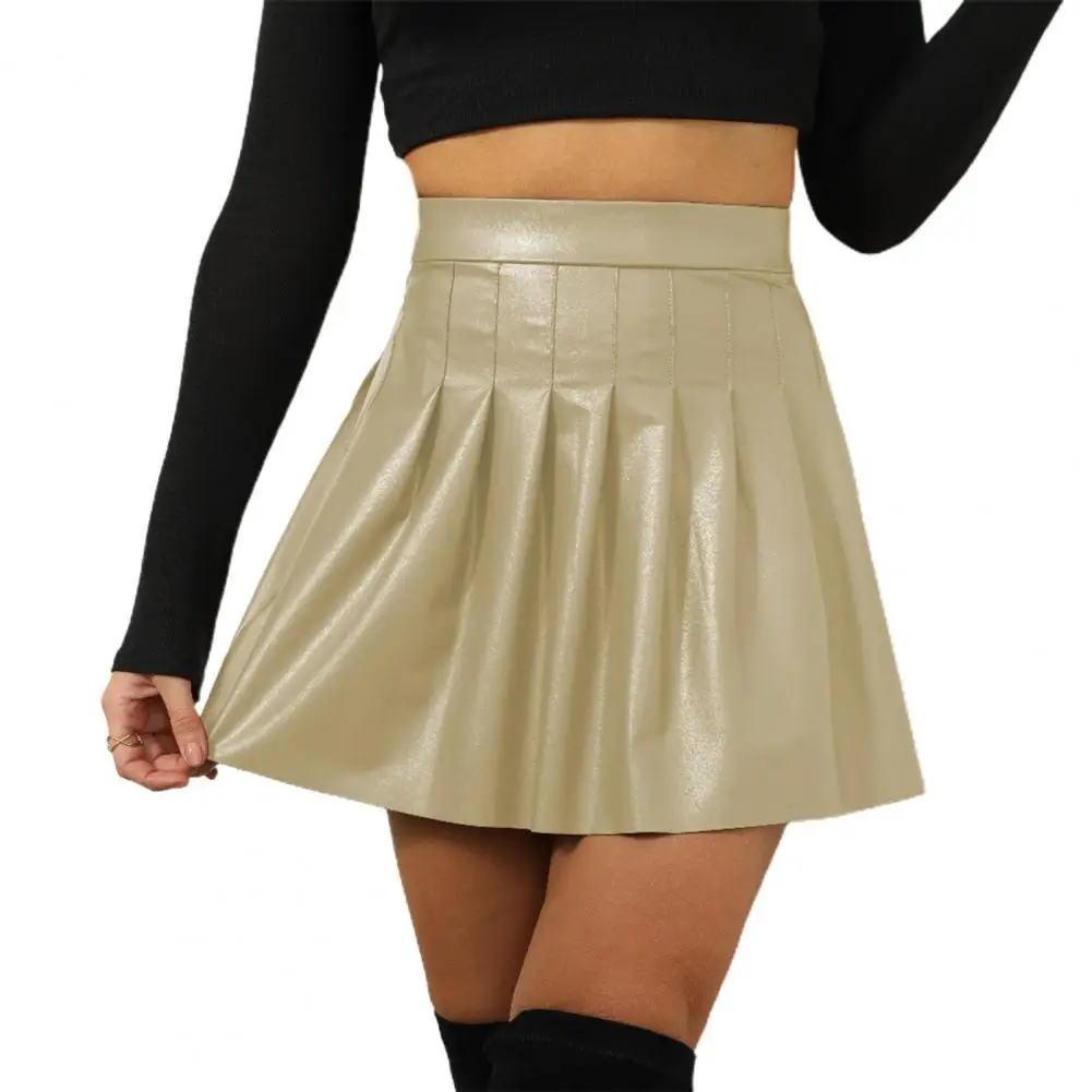 

Women Skirt Shirred Solid Color Faux Leather Casual Pleated Skirt for Parties Chic club Wear Women's Clothing 2021