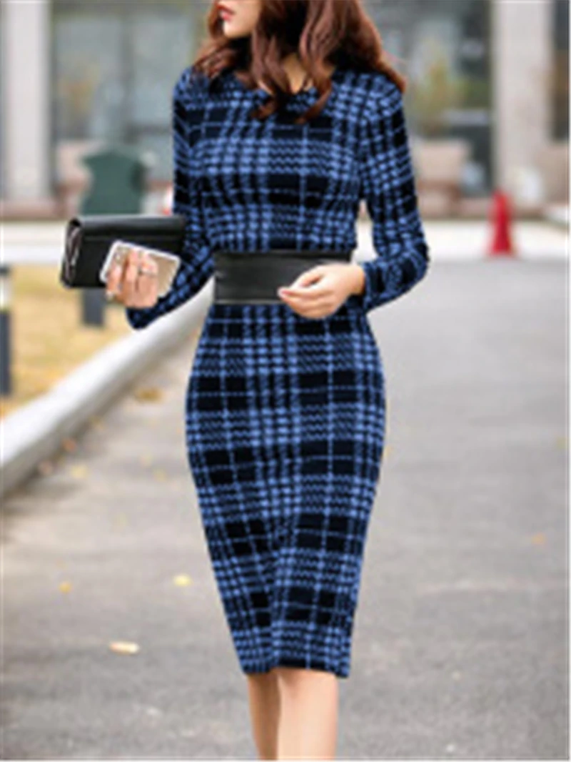 Женское офисное платье женское клетчатое облегающее с длинным рукавом для