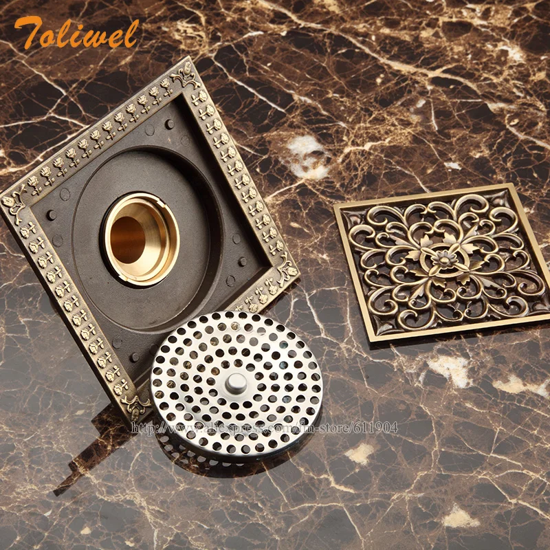 shower drains 1212cm square bath drains strainer hair antique brass art carved bathroom floor drain waste grate drain 3782151a free global shipping