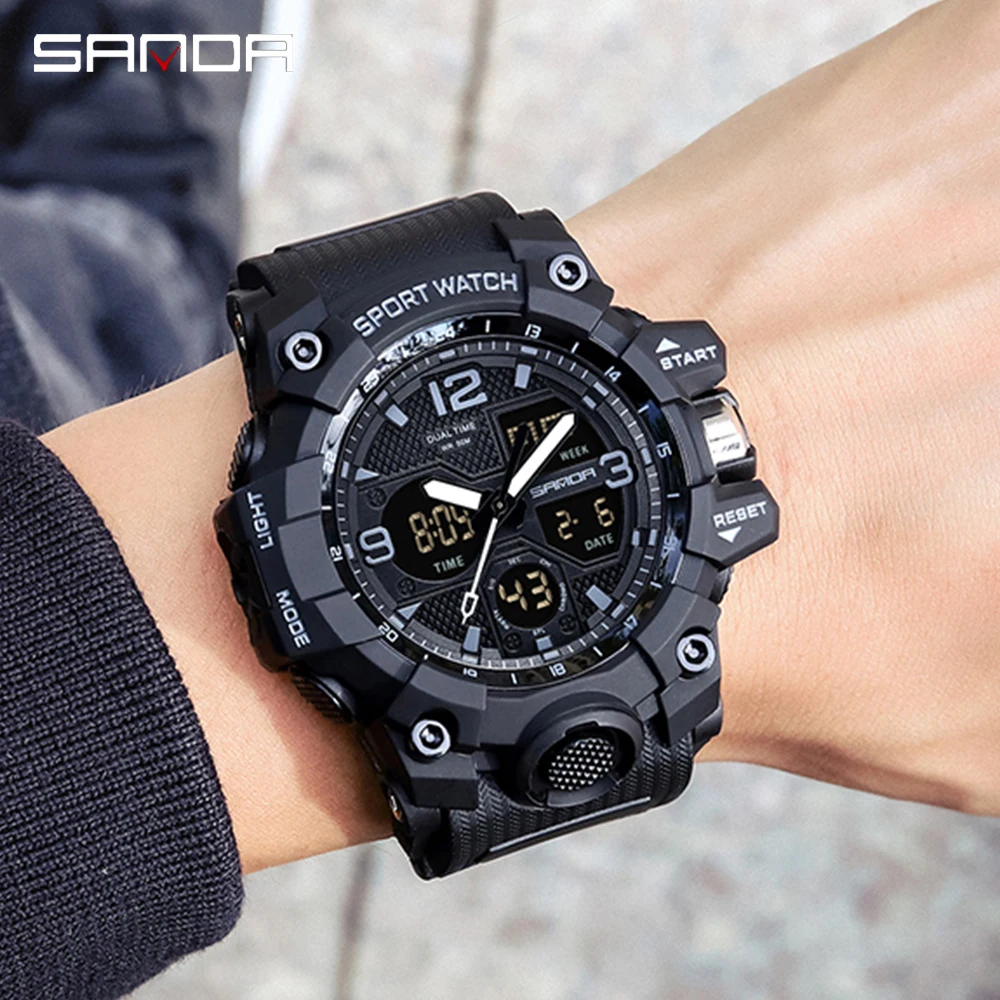 

SANDA Brand Luxury Military Sports Watches Men Quartz Analog LED Digital Clock Man Waterproof Dual Display Wristwatches Relogio
