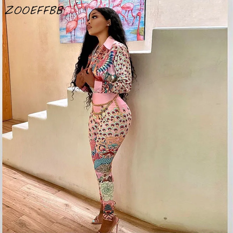 

ZOOEFFBB Peacock Print Two Piece Set Sexy Long Sleeve Blouse Pants Fall Clothes for Women Suits Trendy Office Lady Matching Sets