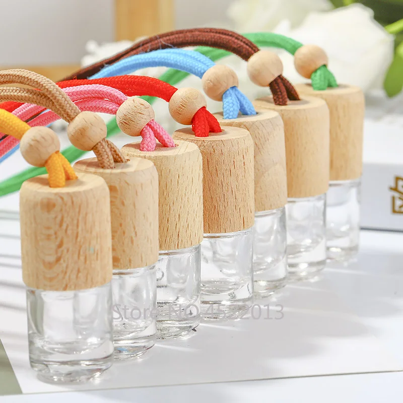 

20/50pcs 5ML Clear Glass Car Perfume Refillable Hang Bottle with Wood Cap, Empty Small Portable Scent Container Decorations Gift