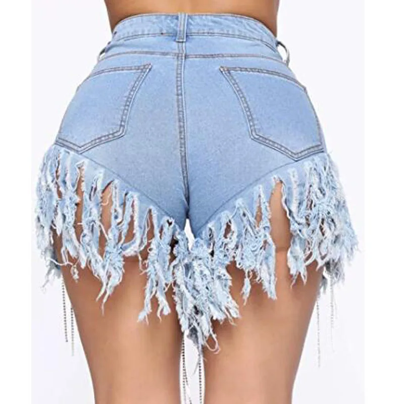 Женские джинсовые шорты размера плюс с бахромой стразами и потертые