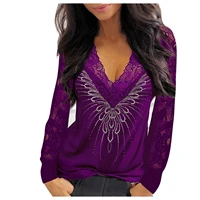 plus size lace sequins shirts sexy v neck soild long sleeves elegant tee summer tunic tops women clothing lace t shirt