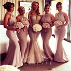 Женское атласное платье-русалка, серого цвета, с высоким воротом, с бисером, для подружек невесты, свадебное праздничное платье, подружка невесты, размера плюс