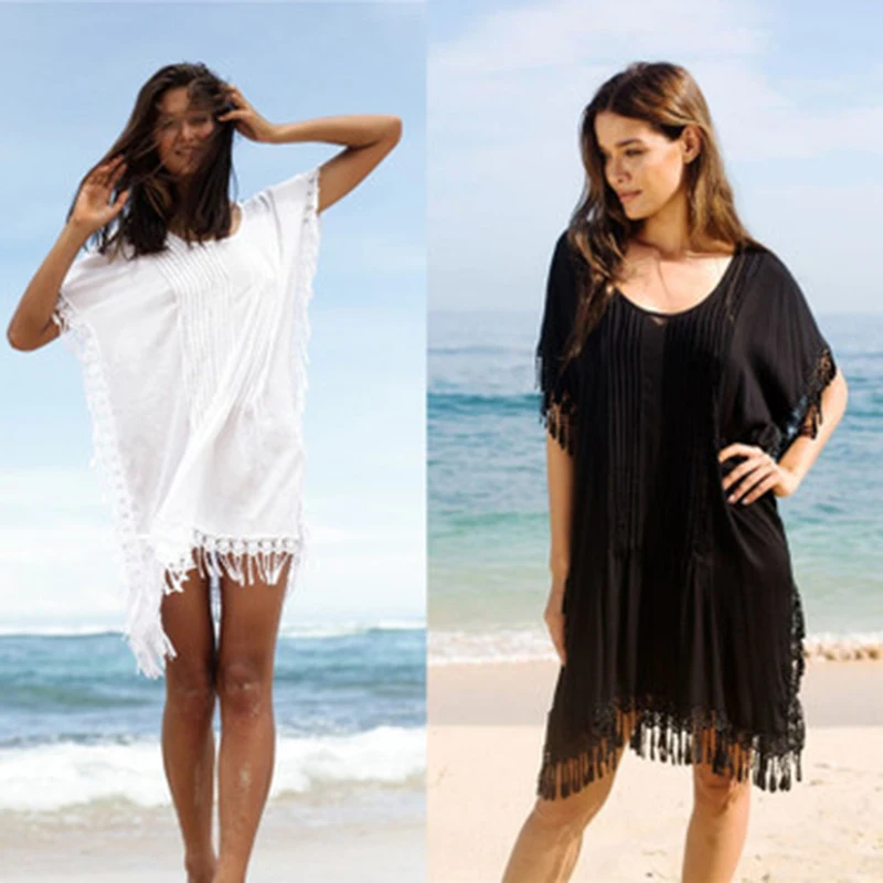Женская накидка на бикини Пляжное Платье белое вязаное крючком платье черные