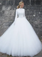 muslim wedding dress modest design high neck long sleeve ball lace tulle bridal gowns floor length vestidos de novia