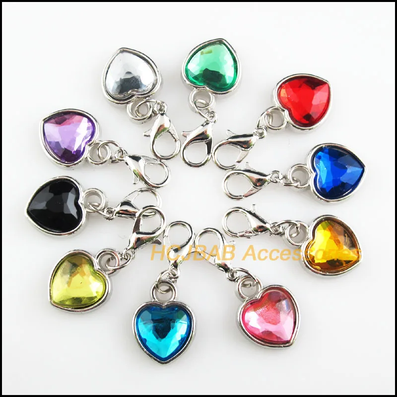 

20Pcs Dull Silver Plated Retro Mixed Acrylic Heart With Lobster Claw Clasps Charms 12.5x16.5mm