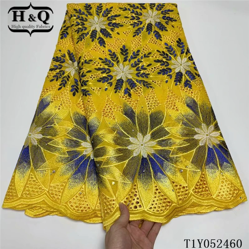 

H&Q yellow african fabric 5 yard swiss cotton fabric with rhinestone and stone for sewing lace dress nigerian voile french tissu