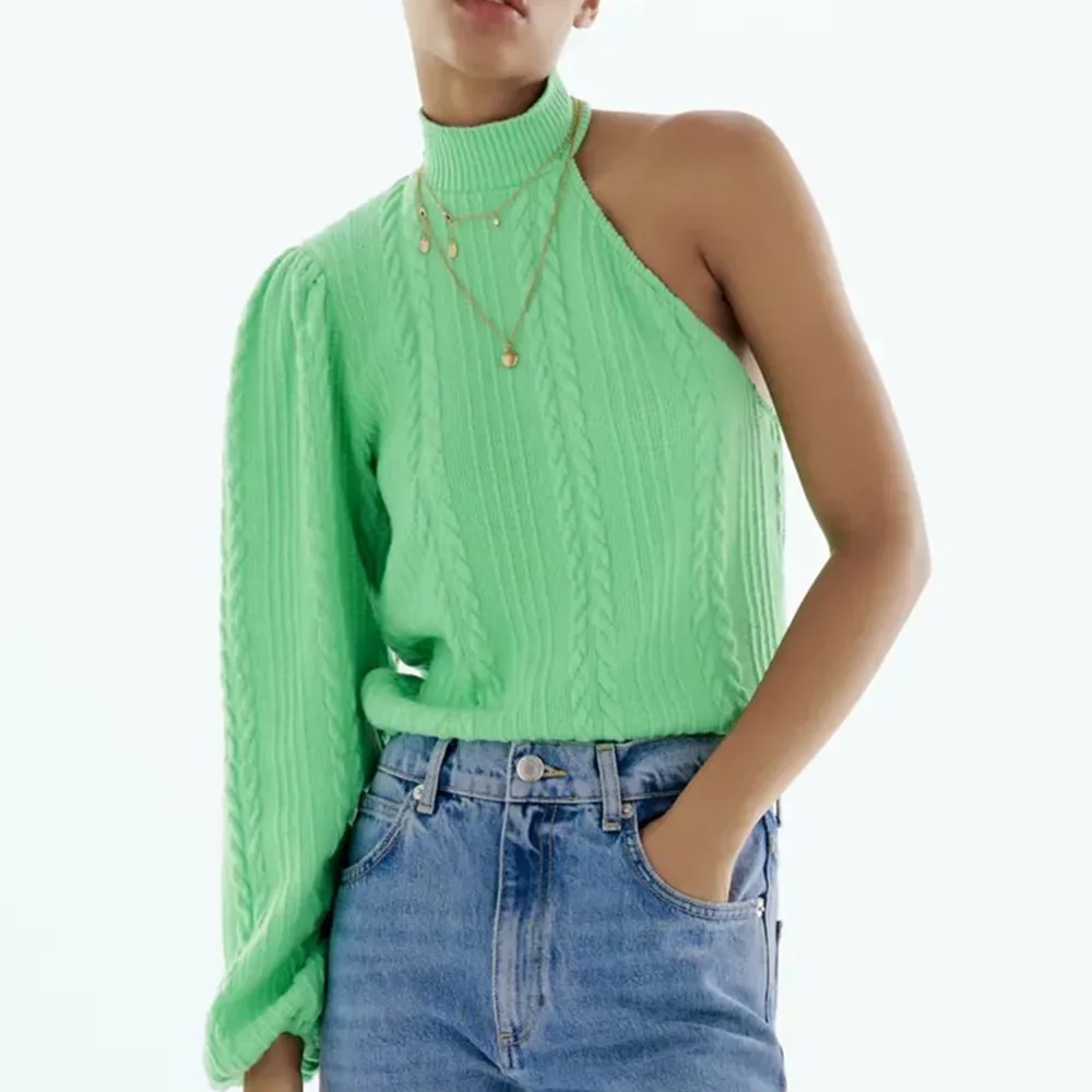 

Женский зеленый вязаный свитер, привлекательный асимметричный свитер на одно плечо с длинным рукавом, винтажная шикарная Женская одежда, у...