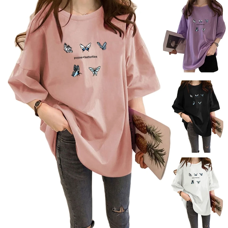 

Women Half Sleeve O-Neck Graphic Loose T-Shirt Harajuku Butterfly Print Tee Tops XX9D