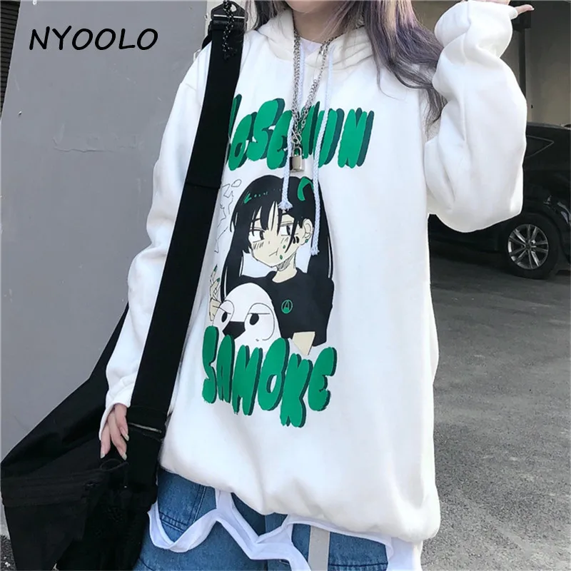 NYOOLO Harajuku стиль аниме девушка буквы печати Свободные теплые толстовки осень зима с капюшоном плюс бархат пуловер Толстовка для женщин мужчин