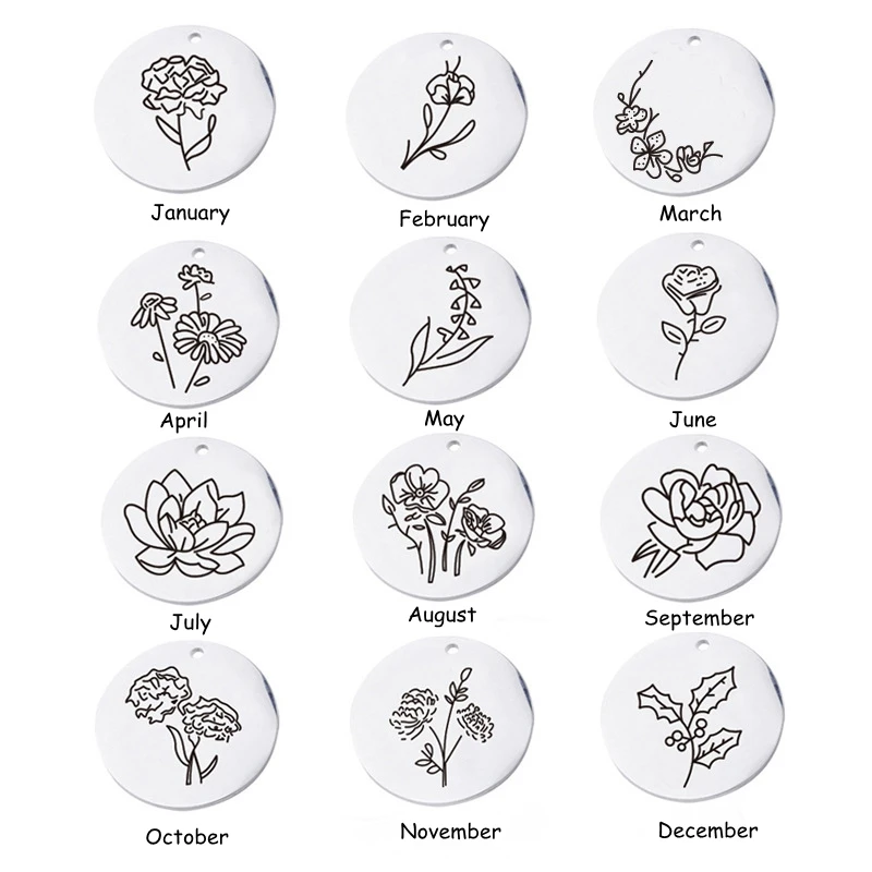 

Birth Month Flowers Clipart Floral Discs Stainless Steel Pendant Necklace birthstone Personalized Birthday Gift for Her for Mom