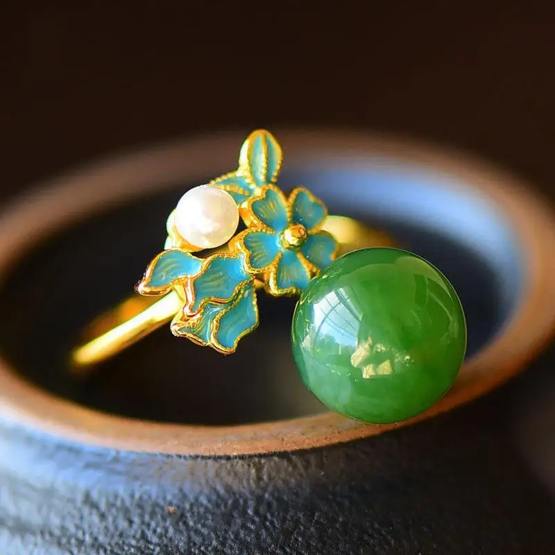 

Natural Hetian Jade Green Jade Pearl Ring S925 Sterling Silver Ancient Gold Enamel Inlaid Exquisite Elegant Ring Ornament