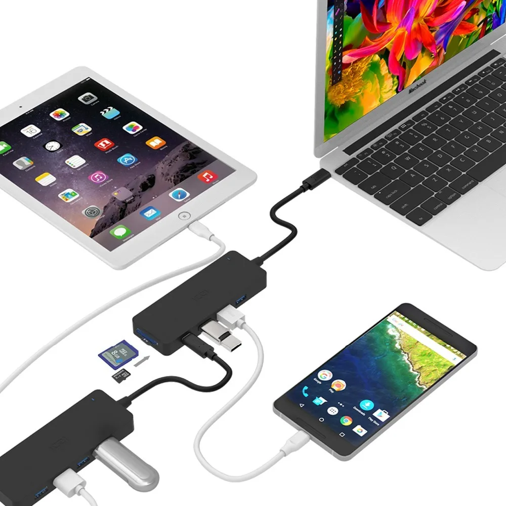 ICZI 8 в 1 USB C концентратор type до 4 3 0 портов + кардридер (SD TF) 2 порт для передачи данных