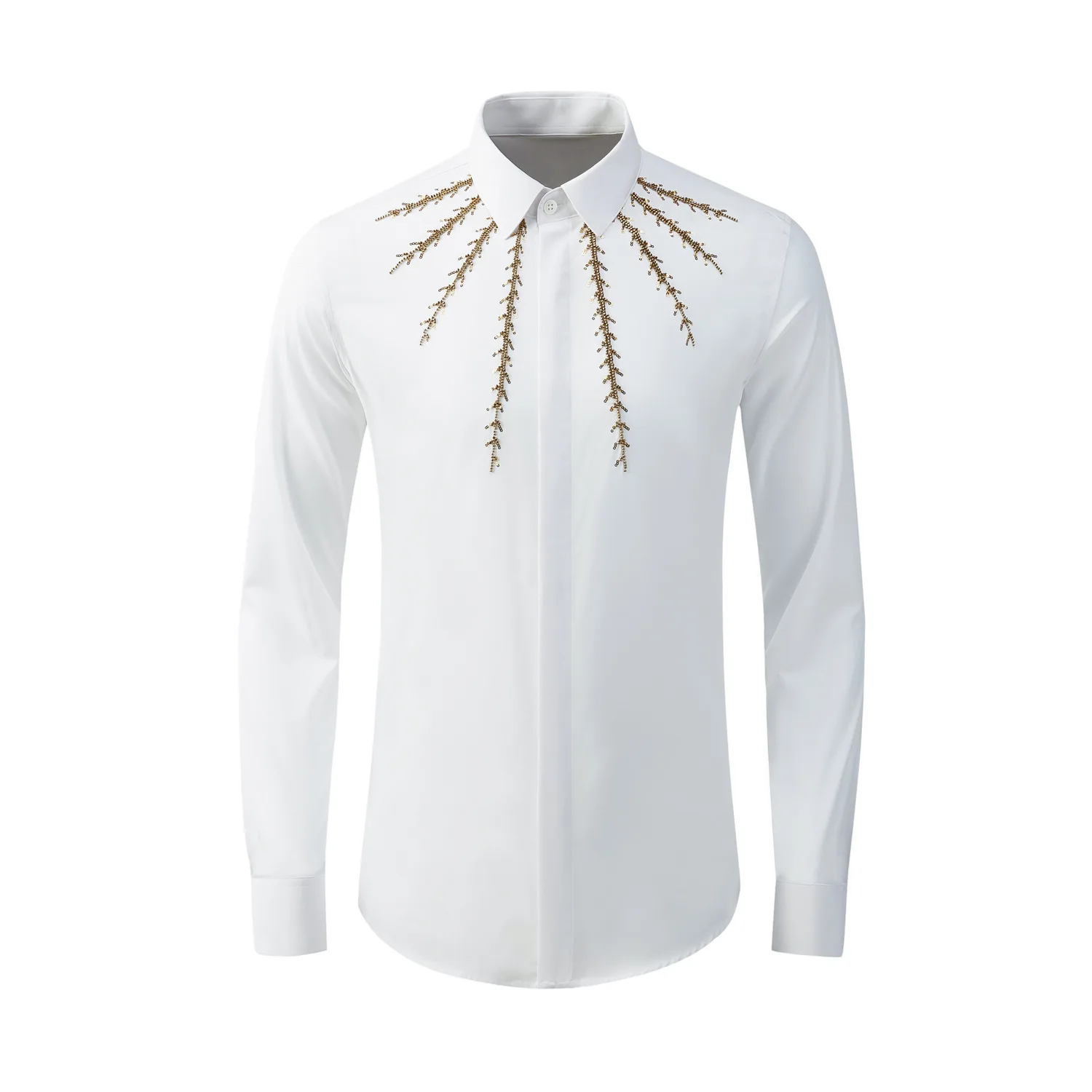 

Heavy Craft Beading Men's Shirt Long-sleeved Slim Luxury Streetwear Shirts Business Social PartyTuxedo Stage Star Chemise Homme
