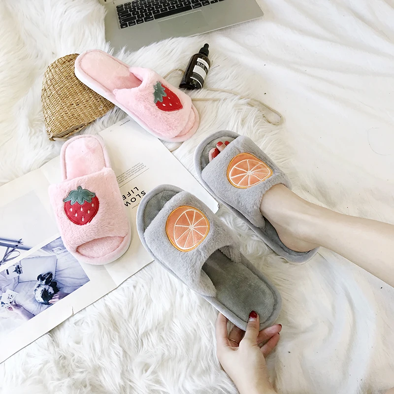 

Girl Cute Fruit Indoor Slippers Soft SoleNon-slip Slippers Faux Fur Warm Home Slippers House Shoes