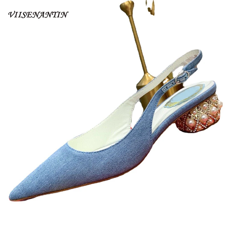 

Baotou Sandals Female Fairy Style Summer New Style with Pointed Shallow Mouth Thick Heel Pearl Rhinestone Heel Fashion Shoes