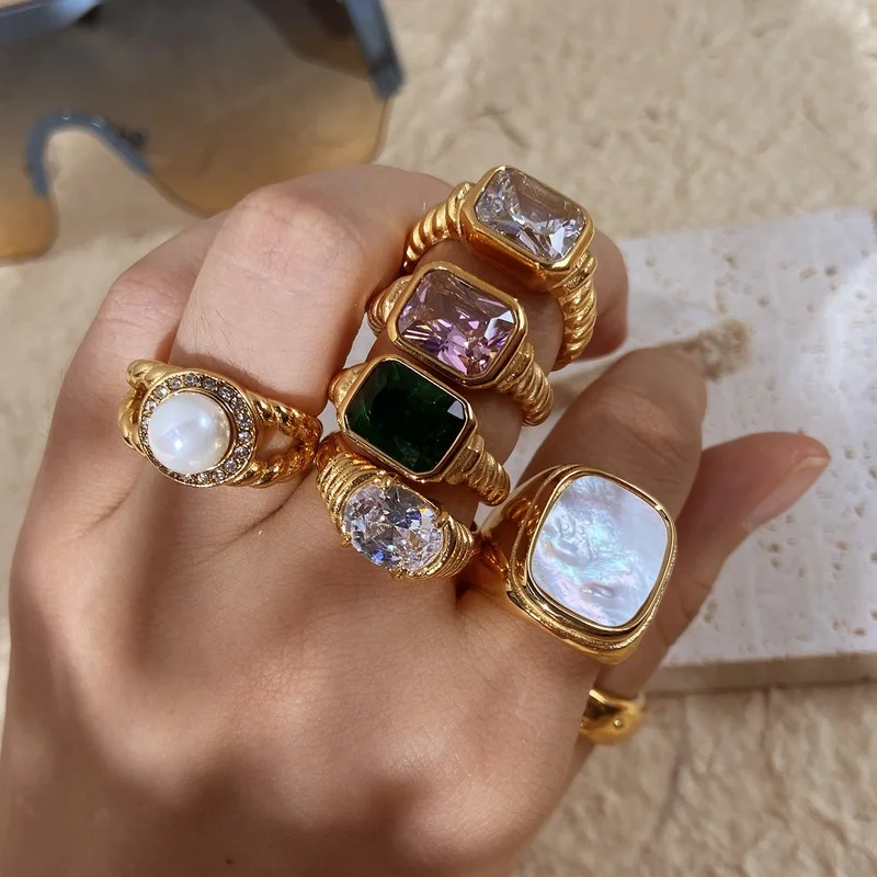 

7Rings Trendy Vintage Style Minimal Geometric Gem with Gold Rings For Woman Stainless Steel Luxury Fashion Jewelry For Female