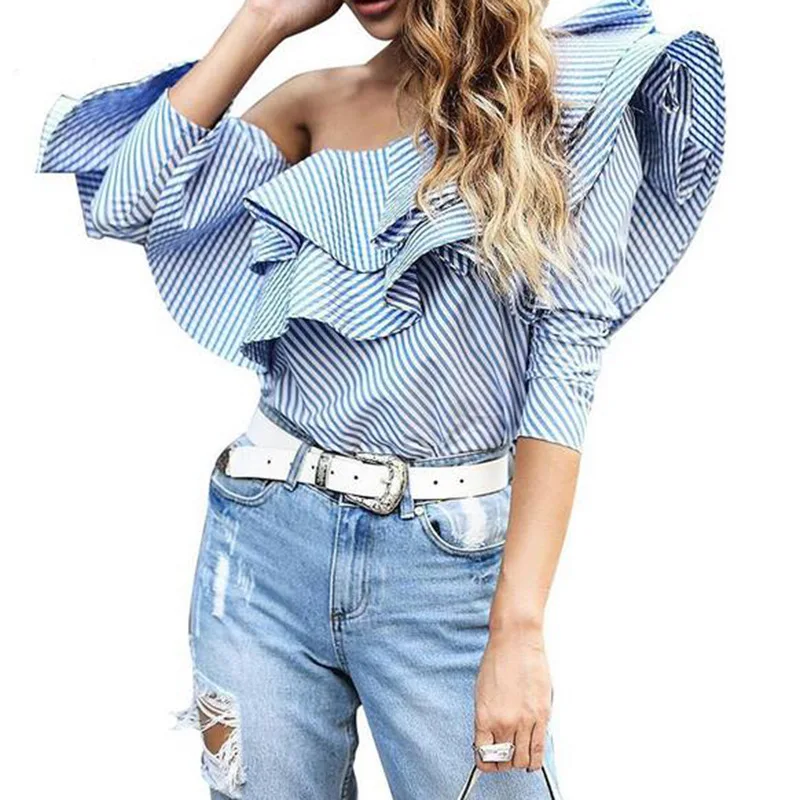 

2021 Fashion Women Blue Striped Off Shouler Blouse Shirts Female Short Sleeve Ruffle Tops Summer Casual Ladies Shirt Tops New