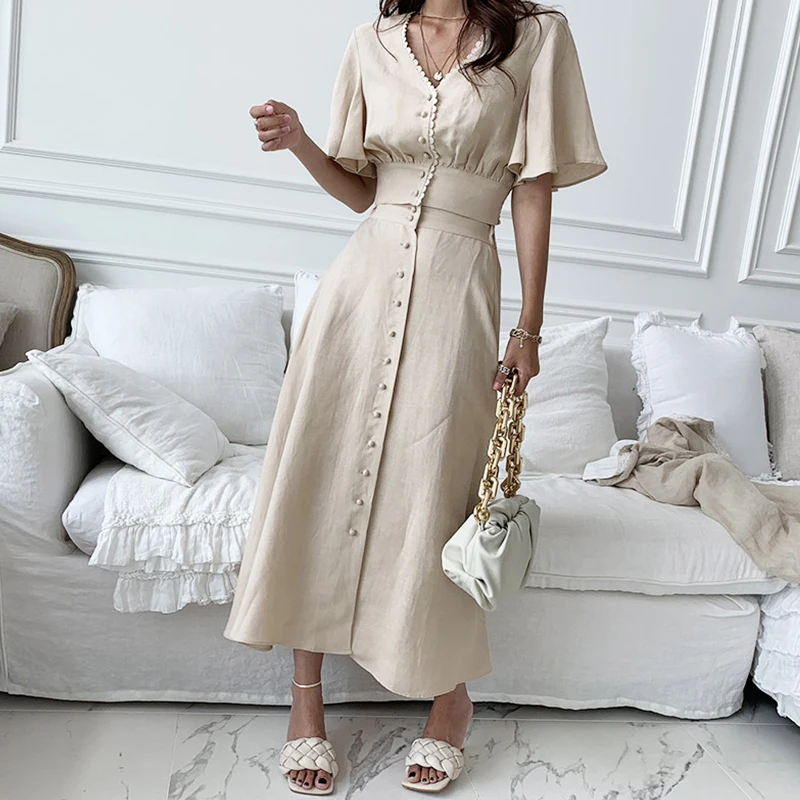 

Korean Two Piece Set Women Casual Elegant Lace V-Neck Tops + Elastic High Waist Single-Breasted Long Skirts Suit Summer C152