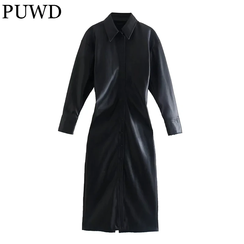 

PUWD Vintage Women Black Faux Leather Long Dress 2021Autumn Long Sleeve Single-breasted Lapel Solid Dress Slim Female Chic Dress