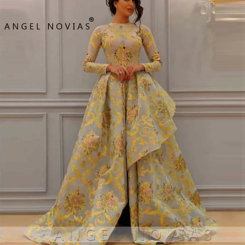 

Long Sleeves Gold High Neck Muslim Arabic Lace Evening Dress 2019 Saudi Arabia Dubai Moroccan Sexy Formal Prom Gowns