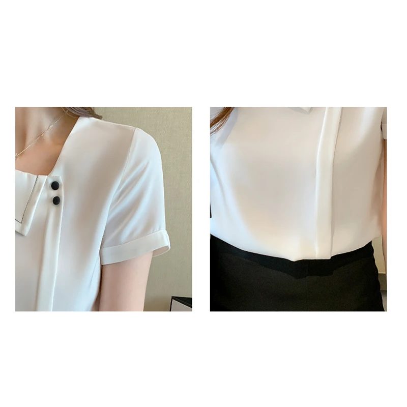 

LJSXLS Elegant Short Sleeve Women Shirt 2021 Summer Korean Fashion Button White Chiffon V Neck Blouse Plus Size Ladies Top Femme