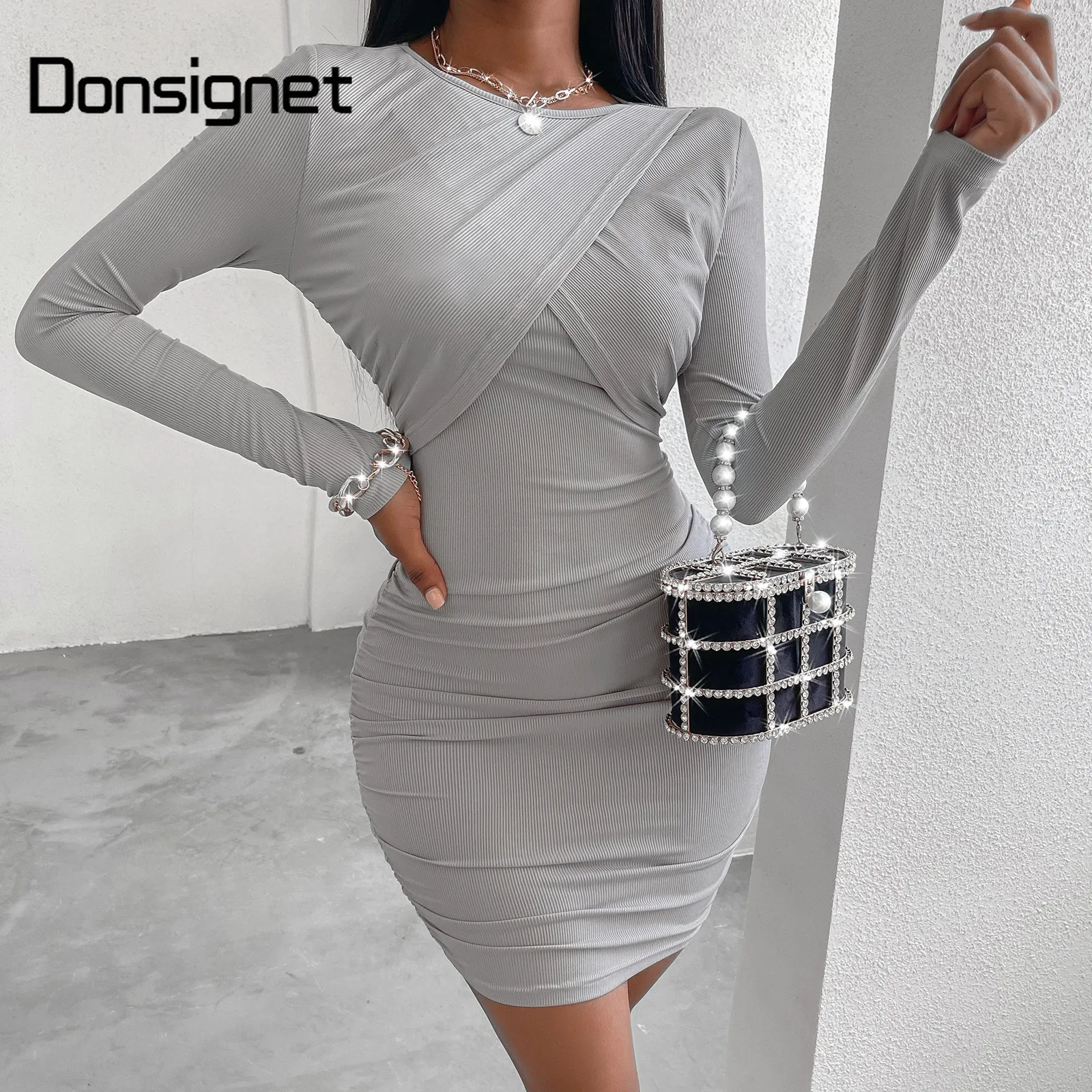 

Новые модные однотонные платья Donsignet для женщин, осенне-зимние новые тонкие короткие платья с длинным рукавом для женщин