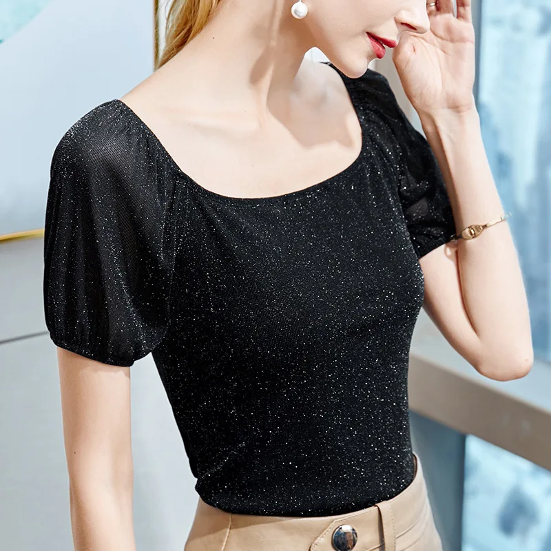 

Summer new women's short sleeve T-shirt women's bright screen yarn fashion Lantern Sleeve T-Shirt square neck top